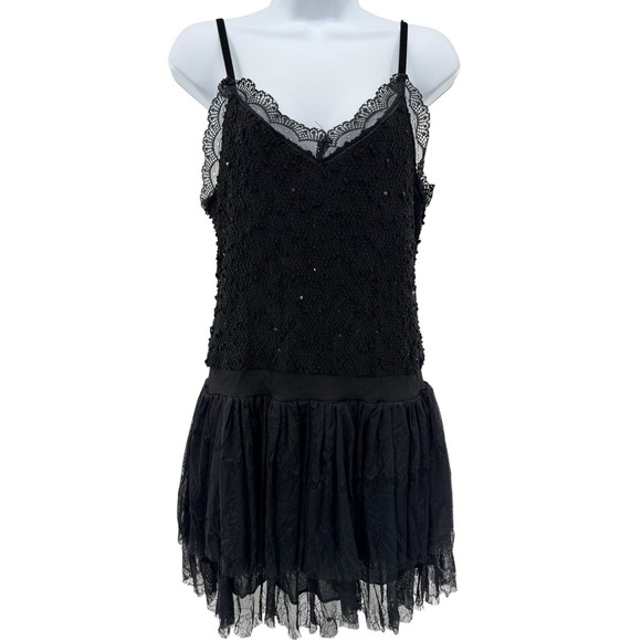 Urban Mango Black Lace Sequin Slip Dress L Smocked Bodice Tiered Gothic Party - Picture 1 of 6